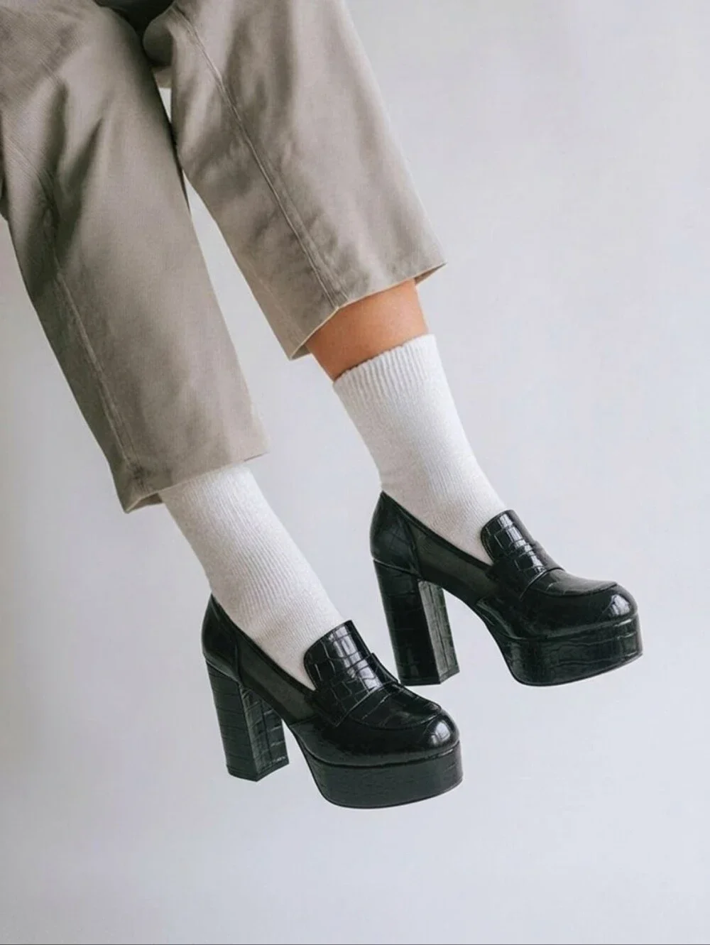 Black Croc-Embossed Platform Heels